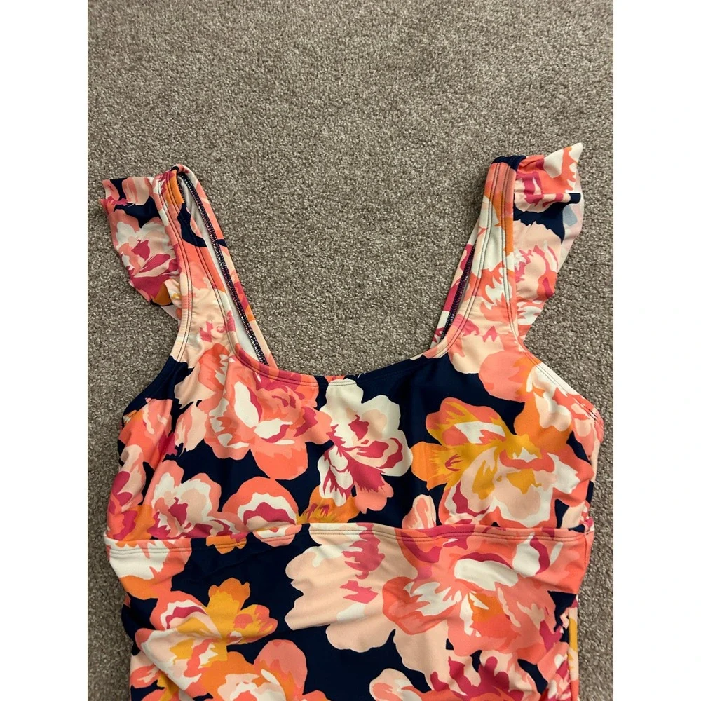 Kona Sol One Piece Swimsuit Women XL 16 Navy Pink Floral Ruffle Ruched Excellent